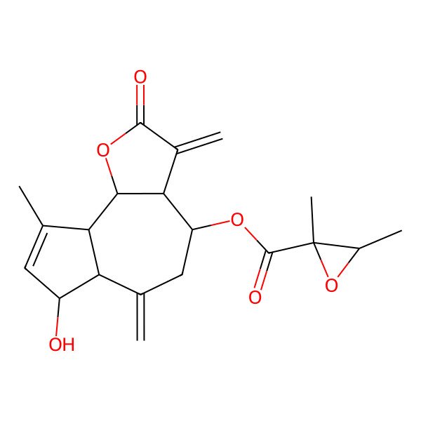 2D Structure of [(3aR,4R,6aR,7R,9aR,9bR)-7-hydroxy-9-methyl-3,6-dimethylidene-2-oxo-4,5,6a,7,9a,9b-hexahydro-3aH-azuleno[4,5-b]furan-4-yl] (2S,3S)-2,3-dimethyloxirane-2-carboxylate