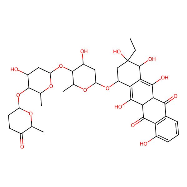 2D Structure of (9R)-9-ethyl-4,6,9,10,11-pentahydroxy-7-[4-hydroxy-5-[4-hydroxy-6-methyl-5-(6-methyl-5-oxooxan-2-yl)oxyoxan-2-yl]oxy-6-methyloxan-2-yl]oxy-7,8,10,11a-tetrahydro-5aH-tetracene-5,12-dione
