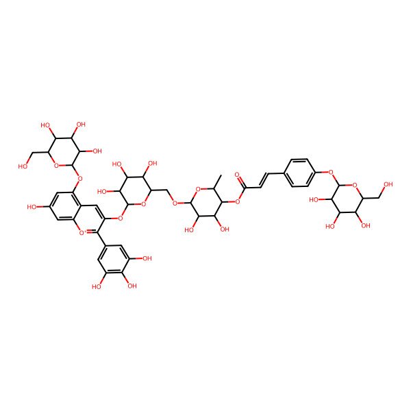 2D Structure of [(2S,3R,4S,5S,6R)-4,5-dihydroxy-2-methyl-6-[[(2R,3S,4S,5R,6S)-3,4,5-trihydroxy-6-[7-hydroxy-5-[(2S,3S,4S,5S,6R)-3,4,5-trihydroxy-6-(hydroxymethyl)oxan-2-yl]oxy-2-(3,4,5-trihydroxyphenyl)chromenylium-3-yl]oxyoxan-2-yl]methoxy]oxan-3-yl] (E)-3-[4-[(2S,3S,4S,5S,6S)-3,4,5-trihydroxy-6-(hydroxymethyl)oxan-2-yl]oxyphenyl]prop-2-enoate