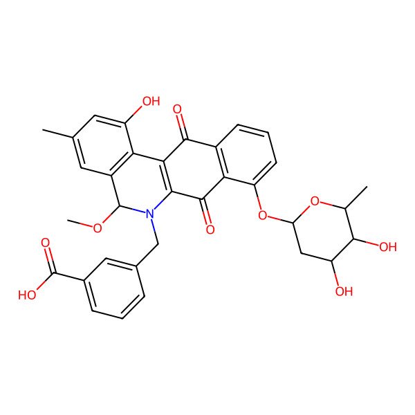 2D Structure of 3-[[(5S)-8-[(2S,4R,5R,6S)-4,5-dihydroxy-6-methyloxan-2-yl]oxy-1-hydroxy-5-methoxy-3-methyl-7,12-dioxo-5H-benzo[b]phenanthridin-6-yl]methyl]benzoic acid