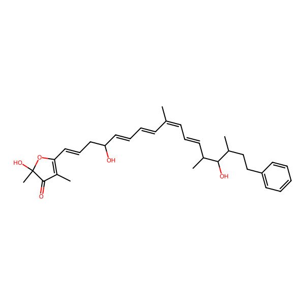 2D Structure of 5-(4,14-Dihydroxy-9,13,15-trimethyl-17-phenylheptadeca-1,5,7,9,11-pentaenyl)-2-hydroxy-2,4-dimethylfuran-3-one