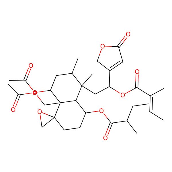 2D Structure of [(1R,4R,4aR,5S,7R,8S,8aR)-5-acetyloxy-4a-(acetyloxymethyl)-7,8-dimethyl-8-[(2S)-2-[(E)-2-methylbut-2-enoyl]oxy-2-(5-oxo-2H-furan-3-yl)ethyl]spiro[2,3,5,6,7,8a-hexahydro-1H-naphthalene-4,2'-oxirane]-1-yl] (2R)-2-methylbutanoate