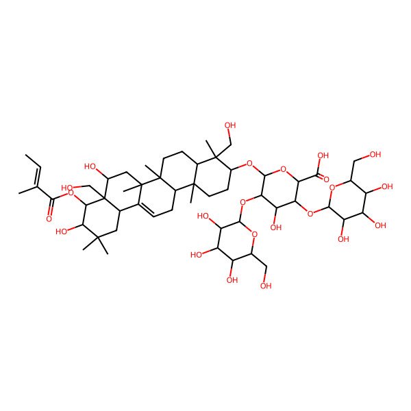 2D Structure of 6-[[8,10-Dihydroxy-4,8a-bis(hydroxymethyl)-4,6a,6b,11,11,14b-hexamethyl-9-(2-methylbut-2-enoyloxy)-1,2,3,4a,5,6,7,8,9,10,12,12a,14,14a-tetradecahydropicen-3-yl]oxy]-4-hydroxy-3,5-bis[[3,4,5-trihydroxy-6-(hydroxymethyl)oxan-2-yl]oxy]oxane-2-carboxylic acid