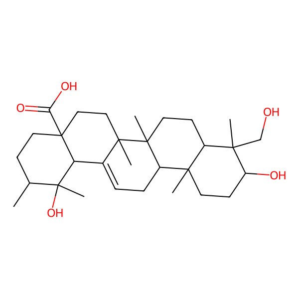 2D Structure of (1R,2S,4aS,6bR,9R,10S,12aR)-1,10-dihydroxy-9-(hydroxymethyl)-1,2,6a,6b,9,12a-hexamethyl-2,3,4,5,6,6a,7,8,8a,10,11,12,13,14b-tetradecahydropicene-4a-carboxylic acid