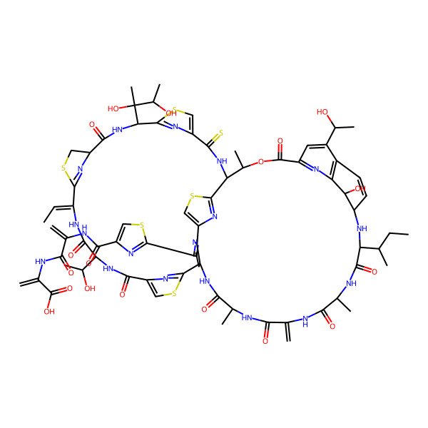 2D Structure of 2-[2-[[2-[(11E)-37-butan-2-yl-18-(2,3-dihydroxybutan-2-yl)-11-ethylidene-59-hydroxy-8,31-bis(1-hydroxyethyl)-26,40,46-trimethyl-43-methylidene-6,9,16,28,38,41,44,47-octaoxo-23-sulfanylidene-27-oxa-3,13,20,56-tetrathia-7,10,17,24,36,39,42,45,48,52,58,61,62,63,64-pentadecazanonacyclo[23.23.9.329,35.12,5.112,15.119,22.154,57.01,53.032,60]tetrahexaconta-2(64),4,12(63),19(62),21,29(61),30,32(60),33,51,54,57-dodecaen-51-yl]-1,3-thiazole-4-carbonyl]amino]prop-2-enoylamino]prop-2-enoic acid