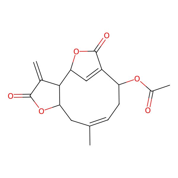 2D Structure of [(1R,2R,6S,8E,11S)-8-methyl-3-methylidene-4,13-dioxo-5,14-dioxatricyclo[10.2.1.02,6]pentadeca-8,12(15)-dien-11-yl] acetate