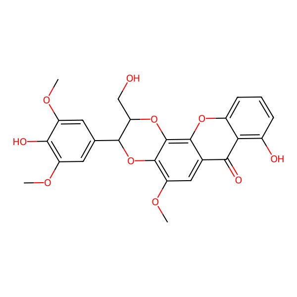 2D Structure of (2R,3R)-8-hydroxy-3-(4-hydroxy-3,5-dimethoxyphenyl)-2-(hydroxymethyl)-5-methoxy-2,3-dihydro-[1,4]dioxino[2,3-c]xanthen-7-one