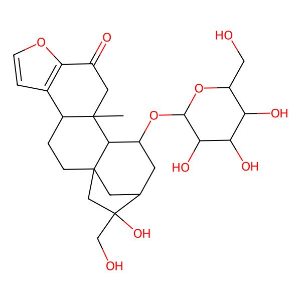 2D Structure of (1S,4S,12R,13R,14S,16S,17R)-17-hydroxy-17-(hydroxymethyl)-12-methyl-14-[(2R,3R,4S,5S,6R)-3,4,5-trihydroxy-6-(hydroxymethyl)oxan-2-yl]oxy-8-oxapentacyclo[14.2.1.01,13.04,12.05,9]nonadeca-5(9),6-dien-10-one