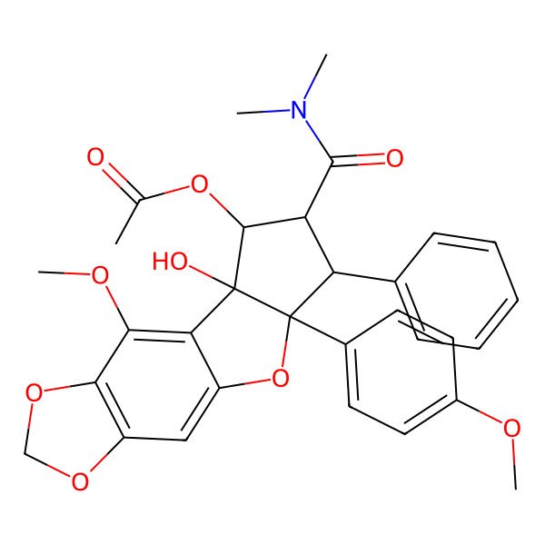 2D Structure of [12-(Dimethylcarbamoyl)-10-hydroxy-8-methoxy-14-(4-methoxyphenyl)-13-phenyl-4,6,15-trioxatetracyclo[7.6.0.03,7.010,14]pentadeca-1,3(7),8-trien-11-yl] acetate