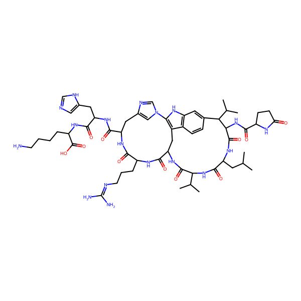 2D Structure of (2S)-6-amino-2-[[(2S)-2-[[(10R,13S,16S,19S,22S,25S,26R)-13-[3-(diaminomethylideneamino)propyl]-22-(2-methylpropyl)-12,15,18,21,24-pentaoxo-25-[[(2S)-5-oxopyrrolidine-2-carbonyl]amino]-19,26-di(propan-2-yl)-3,5,7,11,14,17,20,23-octazapentacyclo[14.13.2.12,27.15,8.04,30]tritriaconta-1,4(30),6,8(33),27(32),28-hexaene-10-carbonyl]amino]-3-(1H-imidazol-5-yl)propanoyl]amino]hexanoic acid