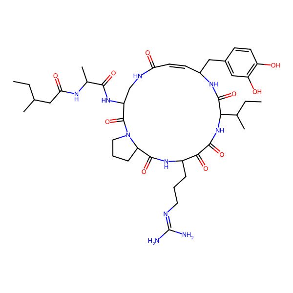 2D Structure of (3R)-N-[(2R)-1-[[(3S,7E,9S,12R,16R,19R)-12-[(2R)-butan-2-yl]-16-[3-(diaminomethylideneamino)propyl]-9-[(3,4-dihydroxyphenyl)methyl]-2,6,11,14,15,18-hexaoxo-1,5,10,13,17-pentazabicyclo[17.3.0]docos-7-en-3-yl]amino]-1-oxopropan-2-yl]-3-methylpentanamide