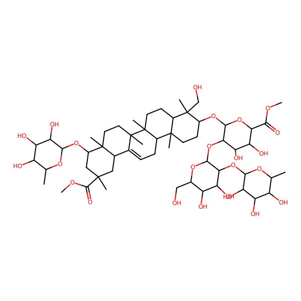 2D Structure of methyl (2S,3S,4S,5R,6R)-6-[[(3S,4S,4aR,6aR,6bS,8aR,9R,11S,12aS,14aR,14bR)-4-(hydroxymethyl)-11-methoxycarbonyl-4,6a,6b,8a,11,14b-hexamethyl-9-[(2S,3R,4R,5R,6S)-3,4,5-trihydroxy-6-methyloxan-2-yl]oxy-1,2,3,4a,5,6,7,8,9,10,12,12a,14,14a-tetradecahydropicen-3-yl]oxy]-5-[(2S,3R,4S,5S,6R)-4,5-dihydroxy-6-(hydroxymethyl)-3-[(2S,3R,4R,5R,6S)-3,4,5-trihydroxy-6-methyloxan-2-yl]oxyoxan-2-yl]oxy-3,4-dihydroxyoxane-2-carboxylate