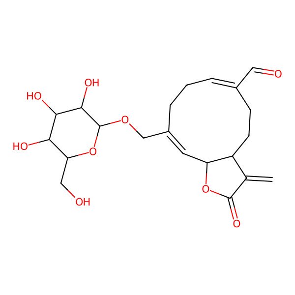 2D Structure of 3-Methylidene-2-oxo-10-[[3,4,5-trihydroxy-6-(hydroxymethyl)oxan-2-yl]oxymethyl]-3a,4,5,8,9,11a-hexahydrocyclodeca[b]furan-6-carbaldehyde