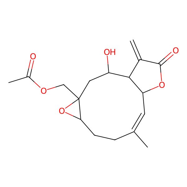 2D Structure of (2-Hydroxy-9-methyl-14-methylidene-13-oxo-5,12-dioxatricyclo[9.3.0.04,6]tetradec-9-en-4-yl)methyl acetate