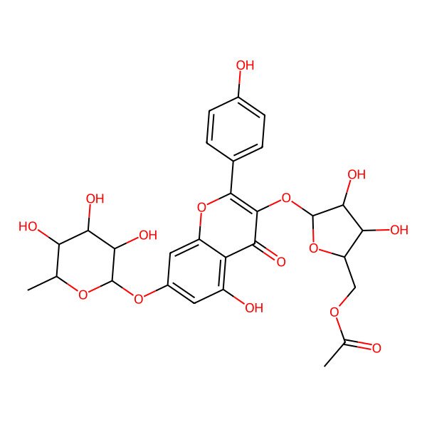 2D Structure of [(2S,3R,4R,5S)-3,4-dihydroxy-5-[5-hydroxy-2-(4-hydroxyphenyl)-4-oxo-7-[(2S,3R,4R,5R,6S)-3,4,5-trihydroxy-6-methyloxan-2-yl]oxychromen-3-yl]oxyoxolan-2-yl]methyl acetate