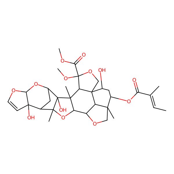 2D Structure of Methyl 7,14,25-trihydroxy-4-methoxy-6,16,22-trimethyl-23-(2-methylbut-2-enoyloxy)-3,9,11,17,20-pentaoxaoctacyclo[17.6.1.18,15.01,5.06,18.07,16.010,14.022,26]heptacos-12-ene-4-carboxylate