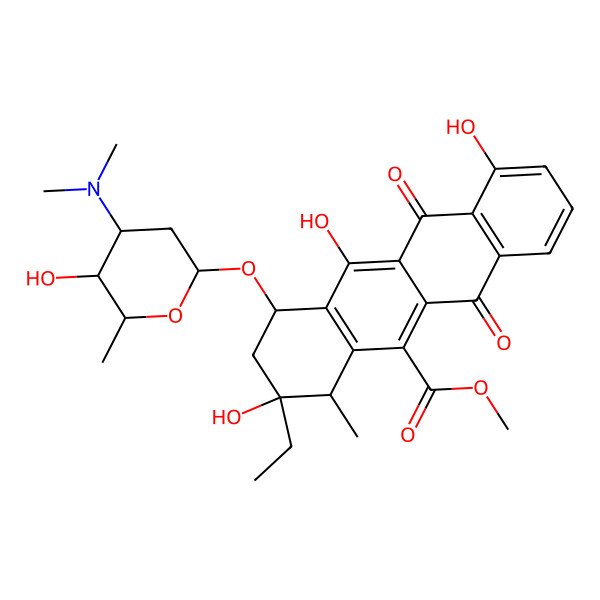 2D Structure of methyl (1S,3R,4R)-1-[4-(dimethylamino)-5-hydroxy-6-methyloxan-2-yl]oxy-3-ethyl-3,10,12-trihydroxy-4-methyl-6,11-dioxo-2,4-dihydro-1H-tetracene-5-carboxylate