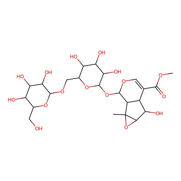 2D Structure of methyl (1S,2R,4S,5S,6S,10S)-5-hydroxy-2-methyl-10-[(2S,3R,4S,5S,6R)-3,4,5-trihydroxy-6-[[(2S,3R,4S,5R,6R)-3,4,5-trihydroxy-6-(hydroxymethyl)oxan-2-yl]oxymethyl]oxan-2-yl]oxy-3,9-dioxatricyclo[4.4.0.02,4]dec-7-ene-7-carboxylate