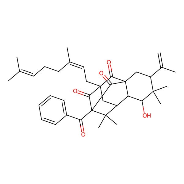 2D Structure of (1S,3S,5S,6R,7S,9S,11R)-9-benzoyl-11-[(2E)-3,7-dimethylocta-2,6-dienyl]-5-hydroxy-4,4,8,8-tetramethyl-3-prop-1-en-2-yltetracyclo[7.3.1.17,11.01,6]tetradecane-10,12,13-trione