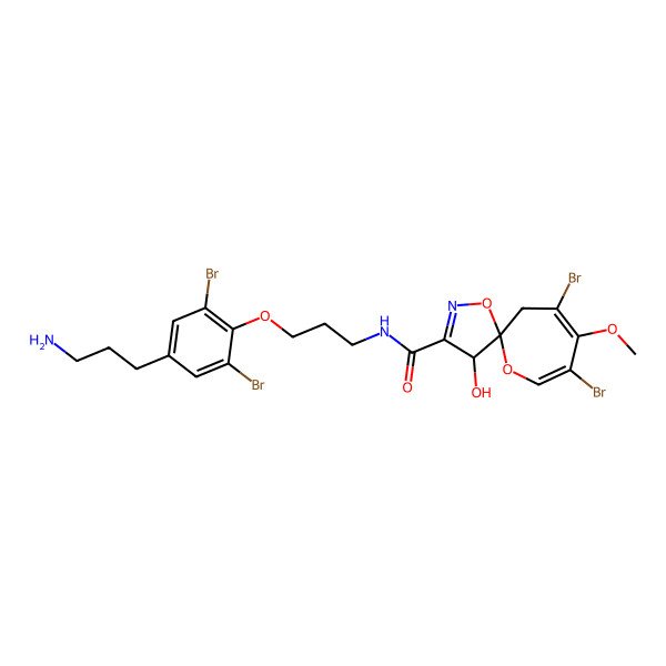2D Structure of N-[3-[4-(3-aminopropyl)-2,6-dibromophenoxy]propyl]-7,9-dibromo-4-hydroxy-8-methoxy-1,11-dioxa-2-azaspiro[4.6]undeca-2,7,9-triene-3-carboxamide