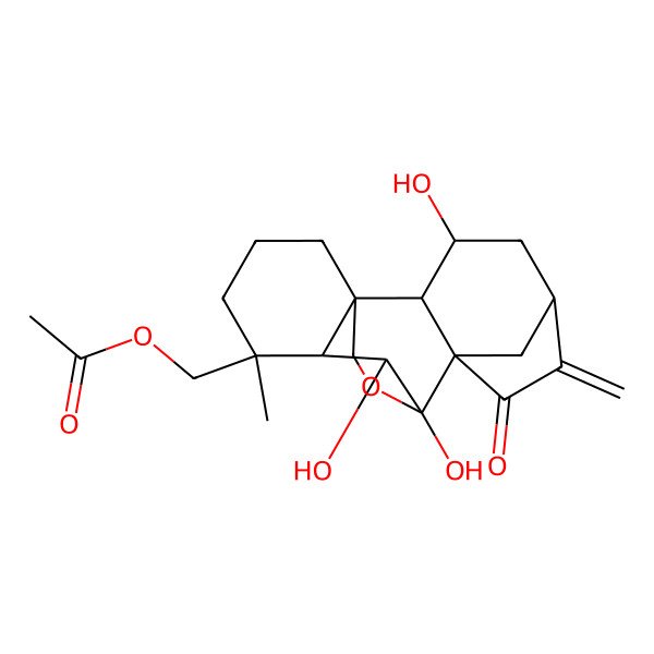 2D Structure of (3,9,10-Trihydroxy-12-methyl-6-methylidene-7-oxo-17-oxapentacyclo[7.6.2.15,8.01,11.02,8]octadecan-12-yl)methyl acetate