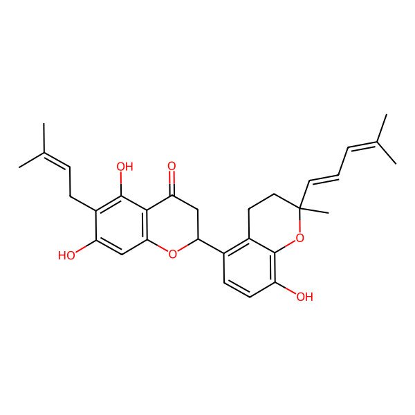2D Structure of 5,7-Dihydroxy-2-[8-hydroxy-2-methyl-2-(4-methylpenta-1,3-dienyl)-3,4-dihydrochromen-5-yl]-6-(3-methylbut-2-enyl)-2,3-dihydrochromen-4-one