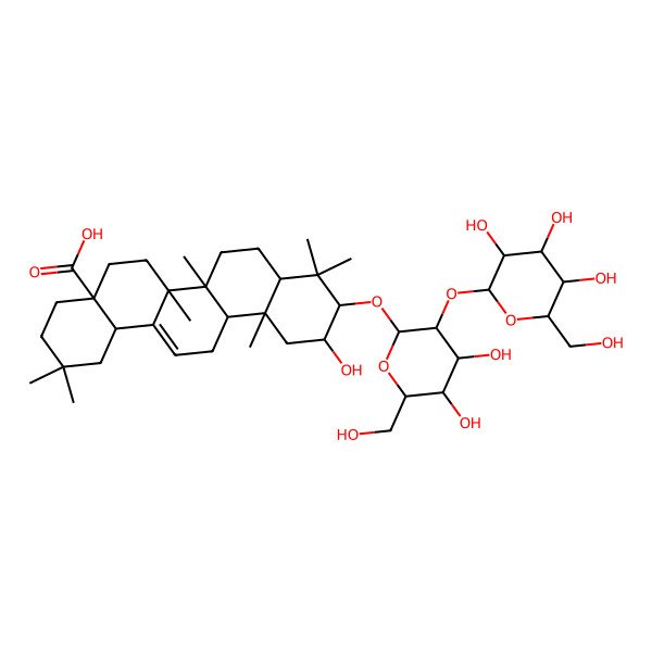 2D Structure of (4aS,6aR,6aS,6bR,8aR,10R,11S,12aR,14bS)-10-[(2R,3R,4S,5S,6R)-4,5-dihydroxy-6-(hydroxymethyl)-3-[(2S,3R,4S,5S,6R)-3,4,5-trihydroxy-6-(hydroxymethyl)oxan-2-yl]oxyoxan-2-yl]oxy-11-hydroxy-2,2,6a,6b,9,9,12a-heptamethyl-1,3,4,5,6,6a,7,8,8a,10,11,12,13,14b-tetradecahydropicene-4a-carboxylic acid