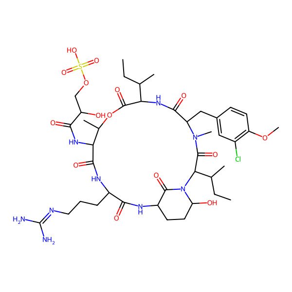 2D Structure of [(2R)-3-[[(2S,5S,8S,11R,12S,15S,18S,21R)-2,8-bis[(2S)-butan-2-yl]-5-[(3-chloro-4-methoxyphenyl)methyl]-15-[3-(diaminomethylideneamino)propyl]-21-hydroxy-4,11-dimethyl-3,6,9,13,16,22-hexaoxo-10-oxa-1,4,7,14,17-pentazabicyclo[16.3.1]docosan-12-yl]amino]-2-hydroxy-3-oxopropyl] hydrogen sulate