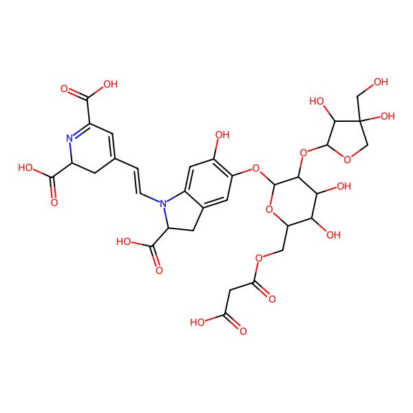 2D Structure of (2S)-4-[(E)-2-[(2S)-2-carboxy-5-[(2S,3R,4S,5R,6R)-6-[(2-carboxyacetyl)oxymethyl]-3-[(2S,3R,4R)-3,4-dihydroxy-4-(hydroxymethyl)oxolan-2-yl]oxy-4,5-dihydroxyoxan-2-yl]oxy-6-hydroxy-2,3-dihydroindol-1-yl]ethenyl]-2,3-dihydropyridine-2,6-dicarboxylic acid