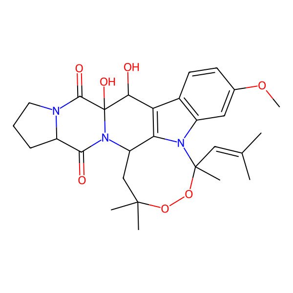 2D Structure of (9R,14S,17S,23R,24S)-23,24-dihydroxy-5-methoxy-9,12,12-trimethyl-9-(2-methylprop-1-enyl)-10,11-dioxa-8,15,21-triazahexacyclo[12.10.1.02,7.08,25.015,23.017,21]pentacosa-1(25),2(7),3,5-tetraene-16,22-dione