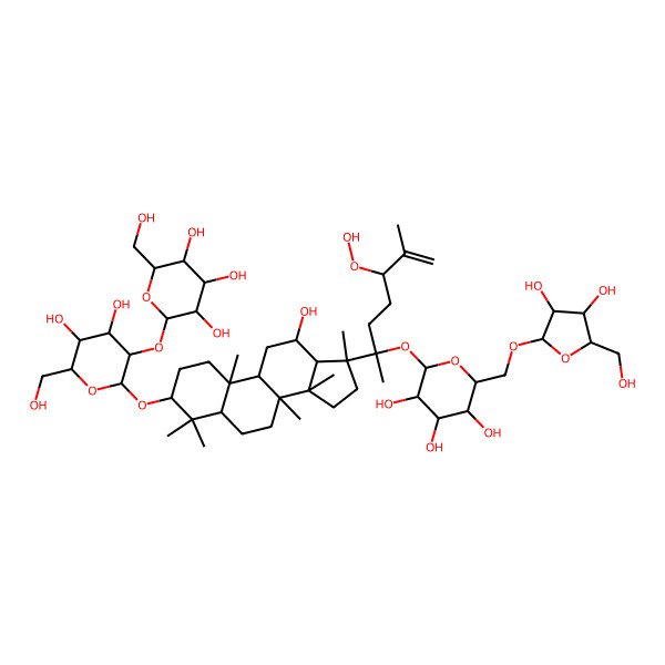 2D Structure of (2S,3R,4S,5S,6R)-2-[(2R,3R,4S,5S,6R)-2-[[(3S,5R,8R,9R,10R,12R,13S,14R,17S)-17-[(2S,5S)-2-[(2S,3R,4S,5S,6R)-6-[[(2R,3R,4R,5S)-3,4-dihydroxy-5-(hydroxymethyl)oxolan-2-yl]oxymethyl]-3,4,5-trihydroxyoxan-2-yl]oxy-5-hydroperoxy-6-methylhept-6-en-2-yl]-12-hydroxy-4,4,8,10,14,17-hexamethyl-1,2,3,5,6,7,9,11,12,13,15,16-dodecahydrocyclopenta[a]phenanthren-3-yl]oxy]-4,5-dihydroxy-6-(hydroxymethyl)oxan-3-yl]oxy-6-(hydroxymethyl)oxane-3,4,5-triol