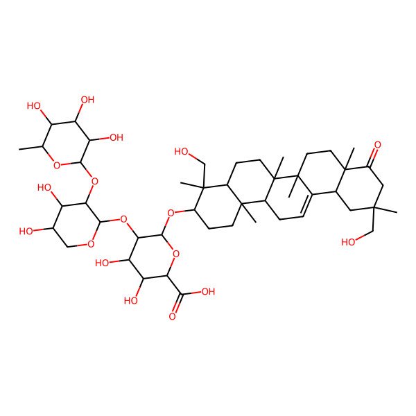 2D Structure of (2S,3S,4S,5R,6R)-6-[[(3S,4S,4aR,6aR,6bS,8aR,11R,12aS,14aR,14bR)-4,11-bis(hydroxymethyl)-4,6a,6b,8a,11,14b-hexamethyl-9-oxo-2,3,4a,5,6,7,8,10,12,12a,14,14a-dodecahydro-1H-picen-3-yl]oxy]-5-[(2S,3R,4S,5R)-4,5-dihydroxy-3-[(2S,3R,4R,5R,6S)-3,4,5-trihydroxy-6-methyloxan-2-yl]oxyoxan-2-yl]oxy-3,4-dihydroxyoxane-2-carboxylic acid