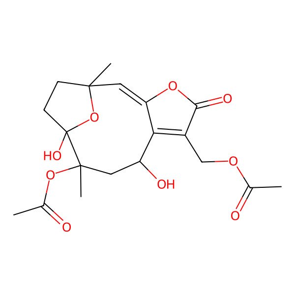 2D Structure of (10-Acetyloxy-8,11-dihydroxy-1,10-dimethyl-5-oxo-4,14-dioxatricyclo[9.2.1.03,7]tetradeca-2,6-dien-6-yl)methyl acetate