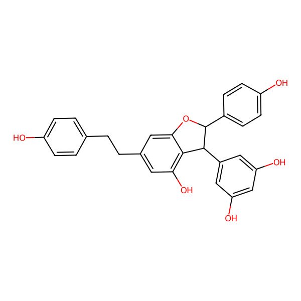 2D Structure of 5-[(2S,3S)-4-hydroxy-2-(4-hydroxyphenyl)-6-[2-(4-hydroxyphenyl)ethyl]-2,3-dihydro-1-benzofuran-3-yl]benzene-1,3-diol