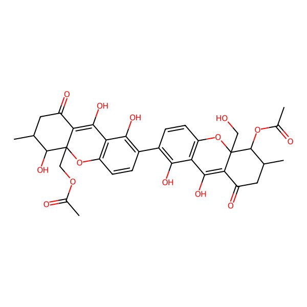 2D Structure of [7-[5-acetyloxy-1,9-dihydroxy-10a-(hydroxymethyl)-6-methyl-8-oxo-6,7-dihydro-5H-xanthen-2-yl]-4,8,9-trihydroxy-3-methyl-1-oxo-3,4-dihydro-2H-xanthen-4a-yl]methyl acetate