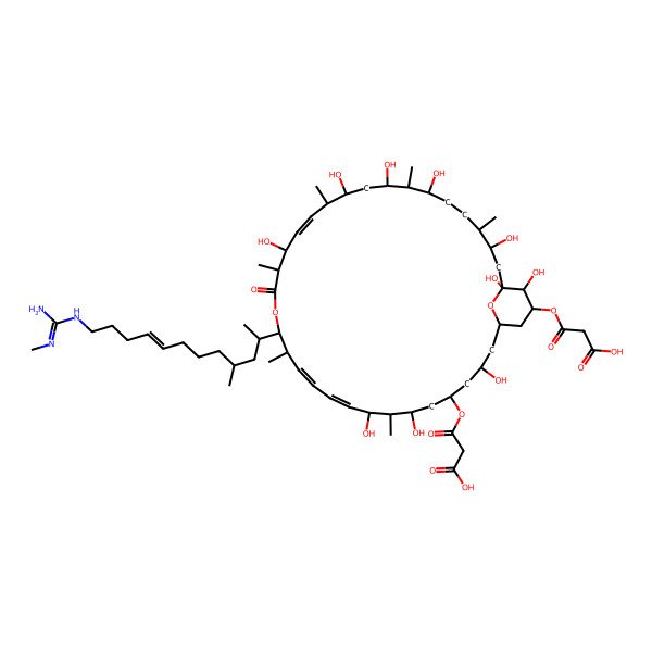 2D Structure of 3-[[35-(2-carboxyacetyl)oxy-3,7,9,19,23,25,27,31,33,34-decahydroxy-8,14,18,22,26,30-hexamethyl-15-[4-methyl-12-[(N'-methylcarbamimidoyl)amino]dodec-8-en-2-yl]-17-oxo-16,37-dioxabicyclo[31.3.1]heptatriaconta-10,12,20-trien-5-yl]oxy]-3-oxopropanoic acid
