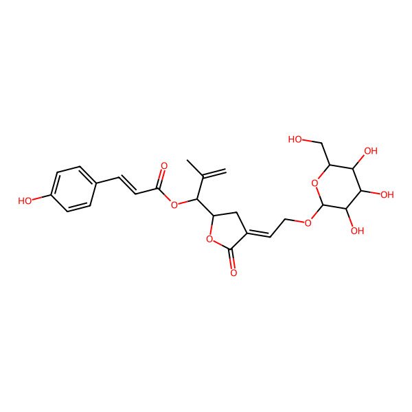2D Structure of [2-Methyl-1-[5-oxo-4-[2-[3,4,5-trihydroxy-6-(hydroxymethyl)oxan-2-yl]oxyethylidene]oxolan-2-yl]prop-2-enyl] 3-(4-hydroxyphenyl)prop-2-enoate