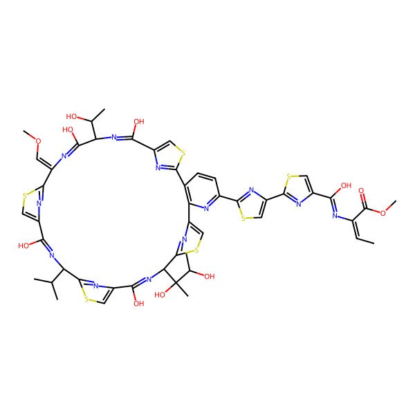2D Structure of 2-[2-[12-(2,3-dihydroxybutan-2-yl)-14,21,28,31-tetrahydroxy-29-(1-hydroxyethyl)-26-(methoxymethylidene)-19-propan-2-yl-10,17,24,34-tetrathia-6,13,20,27,30,35,36,37,38-nonazahexacyclo[30.2.1.18,11.115,18.122,25.02,7]octatriaconta-1(35),2(7),3,5,8,11(38),13,15,18(37),20,22,25(36),27,30,32-pentadecaen-5-yl]-1,3-thiazol-4-yl]-N-(1-methoxy-1-oxobut-2-en-2-yl)-1,3-thiazole-4-carboximidic acid