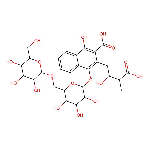 2D Structure of 3-[(2R,3R)-3-carboxy-2-hydroxybutyl]-1-hydroxy-4-[(2S,3R,4S,5S,6R)-3,4,5-trihydroxy-6-[[(2R,3R,4S,5S,6R)-3,4,5-trihydroxy-6-(hydroxymethyl)oxan-2-yl]oxymethyl]oxan-2-yl]oxynaphthalene-2-carboxylic acid