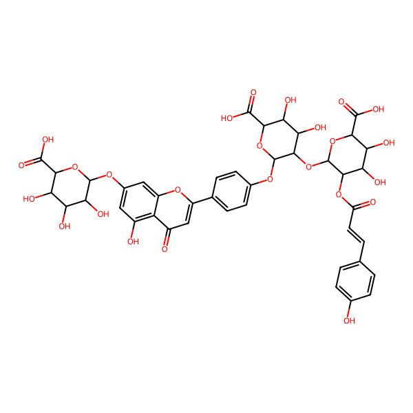 2D Structure of (2S,3S,4S,5S,6S)-6-[2-[4-[(2S,3S,4S,5S,6R)-6-carboxy-3-[(2R,3R,4R,5S,6R)-6-carboxy-4,5-dihydroxy-3-[(E)-3-(4-hydroxyphenyl)prop-2-enoyl]oxyoxan-2-yl]oxy-4,5-dihydroxyoxan-2-yl]oxyphenyl]-5-hydroxy-4-oxochromen-7-yl]oxy-3,4,5-trihydroxyoxane-2-carboxylic acid