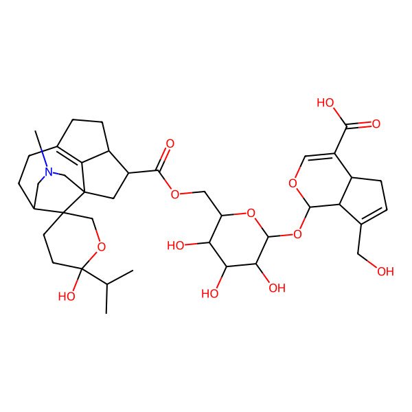 2D Structure of 7-(Hydroxymethyl)-1-[3,4,5-trihydroxy-6-[(2'-hydroxy-3-methyl-2'-propan-2-ylspiro[3-azatetracyclo[6.5.1.11,5.011,14]pentadec-8(14)-ene-15,5'-oxane]-12-carbonyl)oxymethyl]oxan-2-yl]oxy-1,4a,5,7a-tetrahydrocyclopenta[c]pyran-4-carboxylic acid