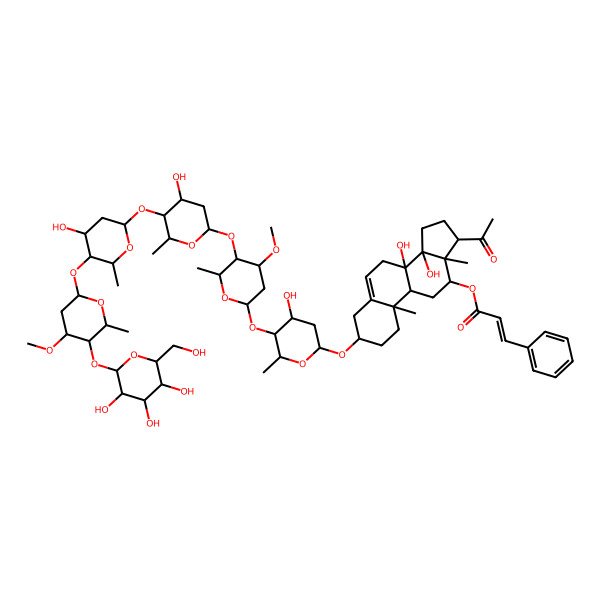 2D Structure of [(3S,8S,9R,10R,12R,13S,14R,17R)-17-acetyl-8,14-dihydroxy-3-[(2R,4S,5S,6R)-4-hydroxy-5-[(2S,4S,5R,6R)-5-[(2S,4R,5S,6R)-4-hydroxy-5-[(2S,4S,5S,6R)-4-hydroxy-5-[(2S,4S,5R,6R)-4-methoxy-6-methyl-5-[(2S,3R,4S,5S,6R)-3,4,5-trihydroxy-6-(hydroxymethyl)oxan-2-yl]oxyoxan-2-yl]oxy-6-methyloxan-2-yl]oxy-6-methyloxan-2-yl]oxy-4-methoxy-6-methyloxan-2-yl]oxy-6-methyloxan-2-yl]oxy-10,13-dimethyl-2,3,4,7,9,11,12,15,16,17-decahydro-1H-cyclopenta[a]phenanthren-12-yl] (E)-3-phenylprop-2-enoate