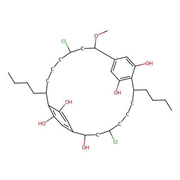 2D Structure of (2R,4R,8S,13R,15R,19S)-8,19-dibutyl-4,15-dichloro-13-methoxytricyclo[18.2.2.29,12]hexacosa-1(22),9,11,20,23,25-hexaene-2,10,21,24,26-pentol