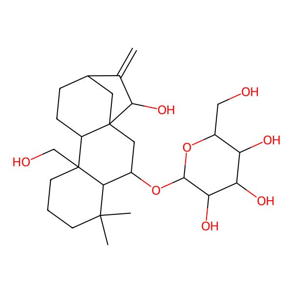 2D Structure of (2R,3R,4S,5S,6R)-2-[[(1S,3S,4R,9R,10S,13R,15R)-15-hydroxy-9-(hydroxymethyl)-5,5-dimethyl-14-methylidene-3-tetracyclo[11.2.1.01,10.04,9]hexadecanyl]oxy]-6-(hydroxymethyl)oxane-3,4,5-triol