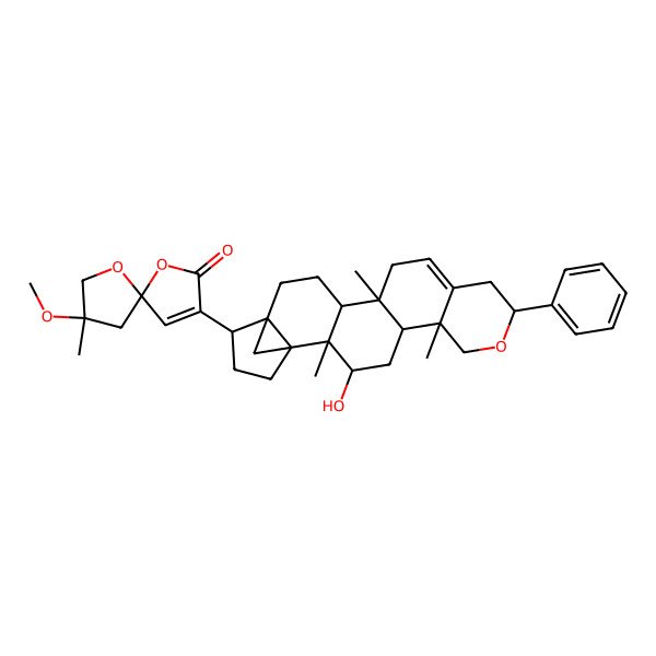2D Structure of (5R,8R)-3-[(1S,2R,3R,5R,6R,9S,14S,15R,18R,19R)-3-hydroxy-2,6,14-trimethyl-9-phenyl-8-oxahexacyclo[16.3.1.01,18.02,15.05,14.06,11]docos-11-en-19-yl]-8-methoxy-8-methyl-1,6-dioxaspiro[4.4]non-3-en-2-one