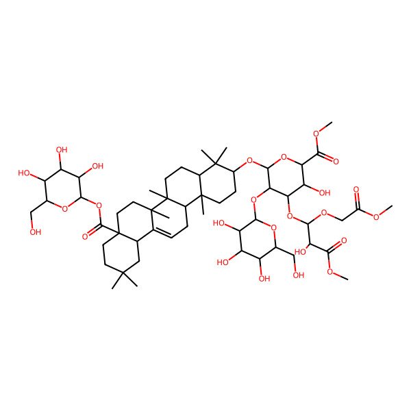 2D Structure of methyl (2S,3S,4S,5R,6R)-6-[[(3S,4aR,6aR,6bS,8aS,12aS,14aR,14bR)-4,4,6a,6b,11,11,14b-heptamethyl-8a-[(2S,3R,4S,5S,6R)-3,4,5-trihydroxy-6-(hydroxymethyl)oxan-2-yl]oxycarbonyl-1,2,3,4a,5,6,7,8,9,10,12,12a,14,14a-tetradecahydropicen-3-yl]oxy]-3-hydroxy-4-[(1S,2R)-2-hydroxy-3-methoxy-1-(2-methoxy-2-oxoethoxy)-3-oxopropoxy]-5-[(2S,3R,4S,5S,6R)-3,4,5-trihydroxy-6-(hydroxymethyl)oxan-2-yl]oxyoxane-2-carboxylate