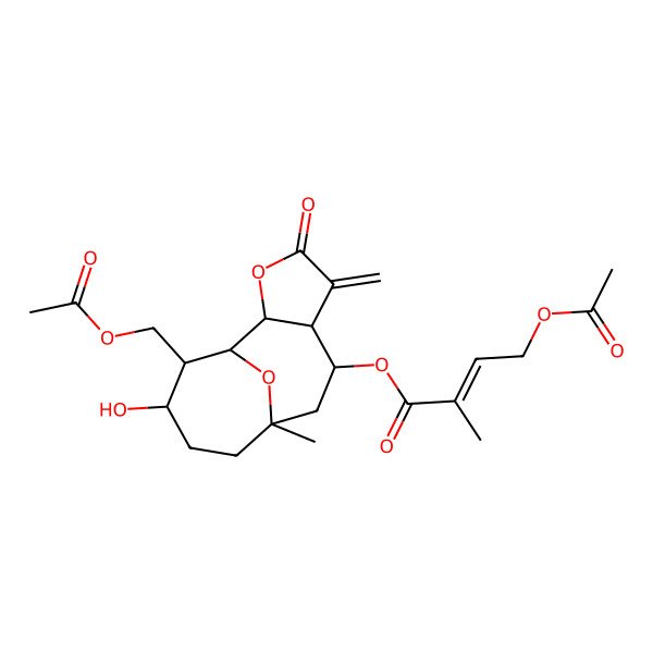 2D Structure of [(1R,2S,6R,7R,9R,12S,13S)-13-(acetyloxymethyl)-12-hydroxy-9-methyl-5-methylidene-4-oxo-3,14-dioxatricyclo[7.4.1.02,6]tetradecan-7-yl] (Z)-4-acetyloxy-2-methylbut-2-enoate