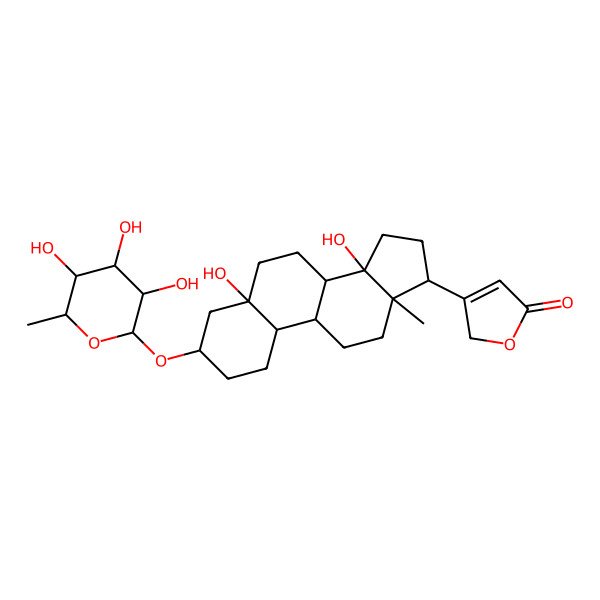 2D Structure of 3-[(3S,5S,8R,9R,10R,13R,14S,17R)-5,14-dihydroxy-13-methyl-3-[(2R,3R,4R,5R,6S)-3,4,5-trihydroxy-6-methyloxan-2-yl]oxy-1,2,3,4,6,7,8,9,10,11,12,15,16,17-tetradecahydrocyclopenta[a]phenanthren-17-yl]-2H-furan-5-one