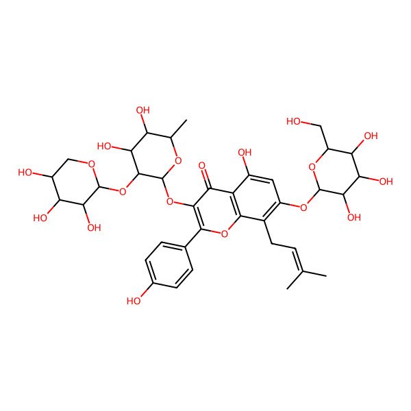 2D Structure of 3-[(2R,3R,4R,5R,6S)-4,5-dihydroxy-6-methyl-3-[(2S,3R,4S,5R)-3,4,5-trihydroxyoxan-2-yl]oxyoxan-2-yl]oxy-5-hydroxy-2-(4-hydroxyphenyl)-8-(3-methylbut-2-enyl)-7-[(2S,3R,4S,5S,6R)-3,4,5-trihydroxy-6-(hydroxymethyl)oxan-2-yl]oxychromen-4-one