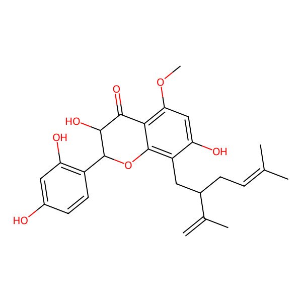 2D Structure of (2S,3R)-2-(2,4-dihydroxyphenyl)-3,7-dihydroxy-5-methoxy-8-[(2S)-5-methyl-2-prop-1-en-2-ylhex-4-enyl]-2,3-dihydrochromen-4-one